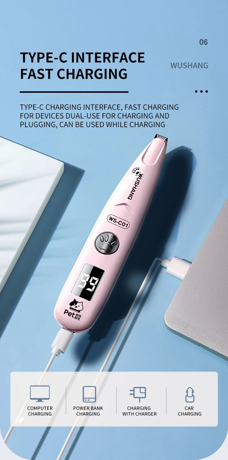 Pet Dog Electric Groomer Trimmer with LED Light Waterproof Pet Foot Hair Trimmer Low Noise Cat Dog Face Foot Ear Hip Paw Shaver